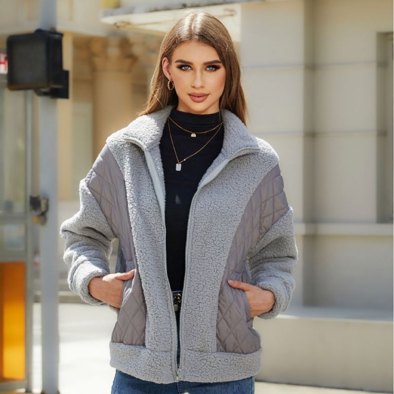 Long Sleeve Cardigan Zippered Plush Patchwork Women's Jacket - K - 5 COLORS -