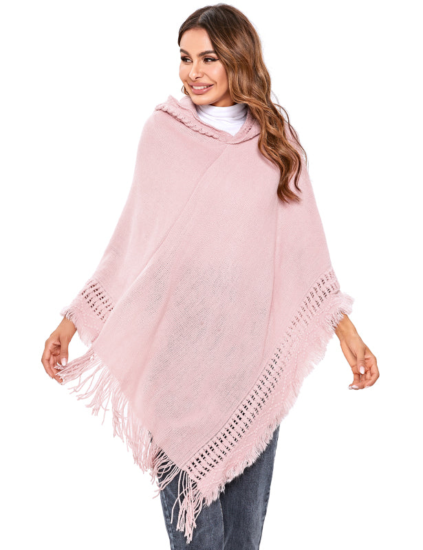 Women's Print or Plain Fringe Hooded Knit Cape Shawl - K - 2 Print patterns - 4 COLORS -