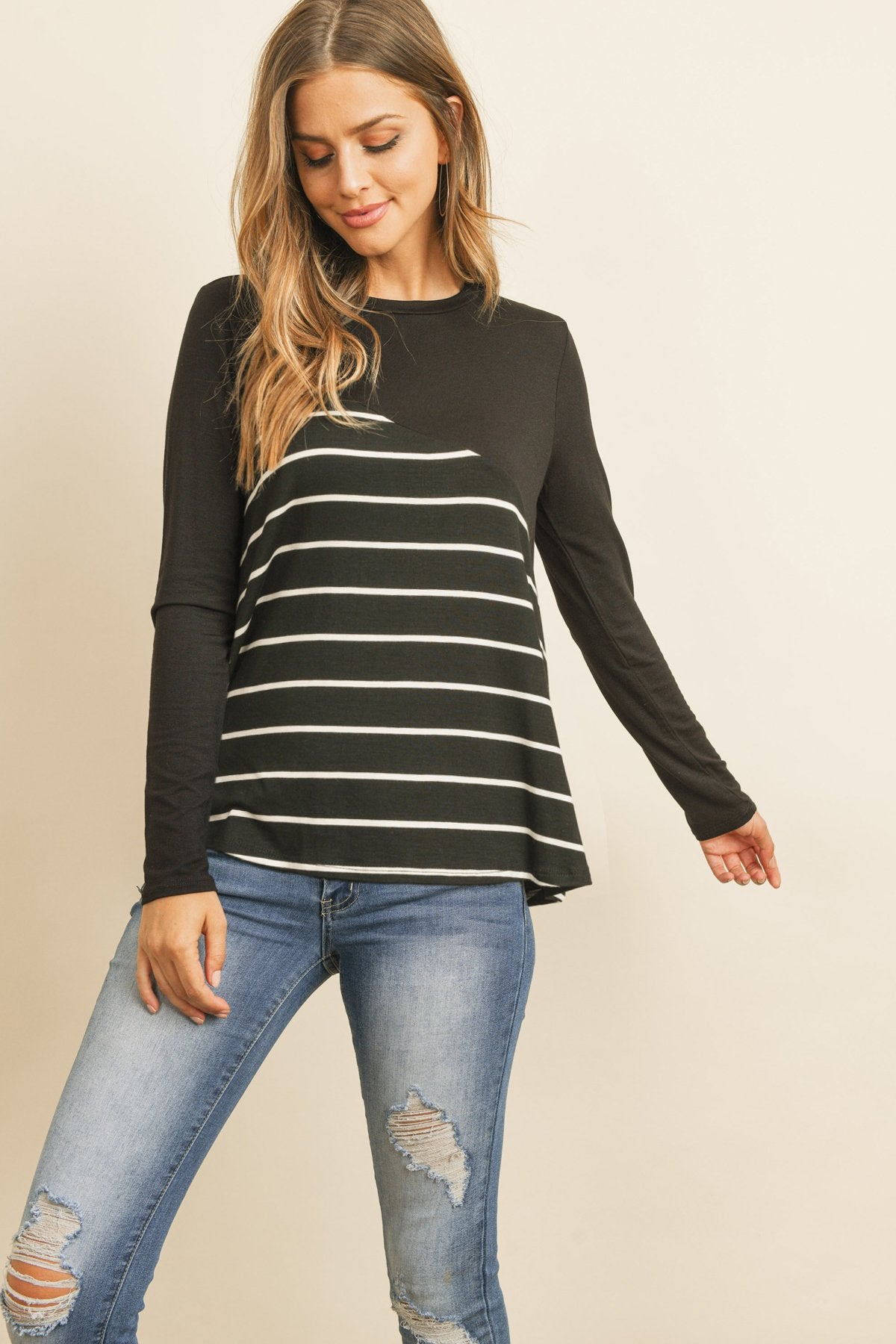 Riah Fashion - Solid Stripe Contrast Color Block Top - 4 COLORS -