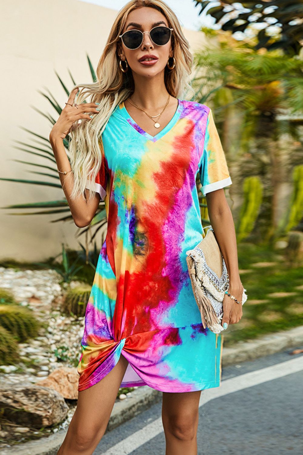 Twisted V-Neck Short Sleeve Dress - Beach or Everyday - T - 12 PATTERNS/COLORS -