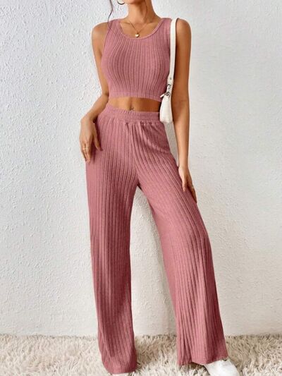 Ribbed Round Neck Tank and Pants Cropped Sweater Set - 2 PCS. - T - 5 COLORS -