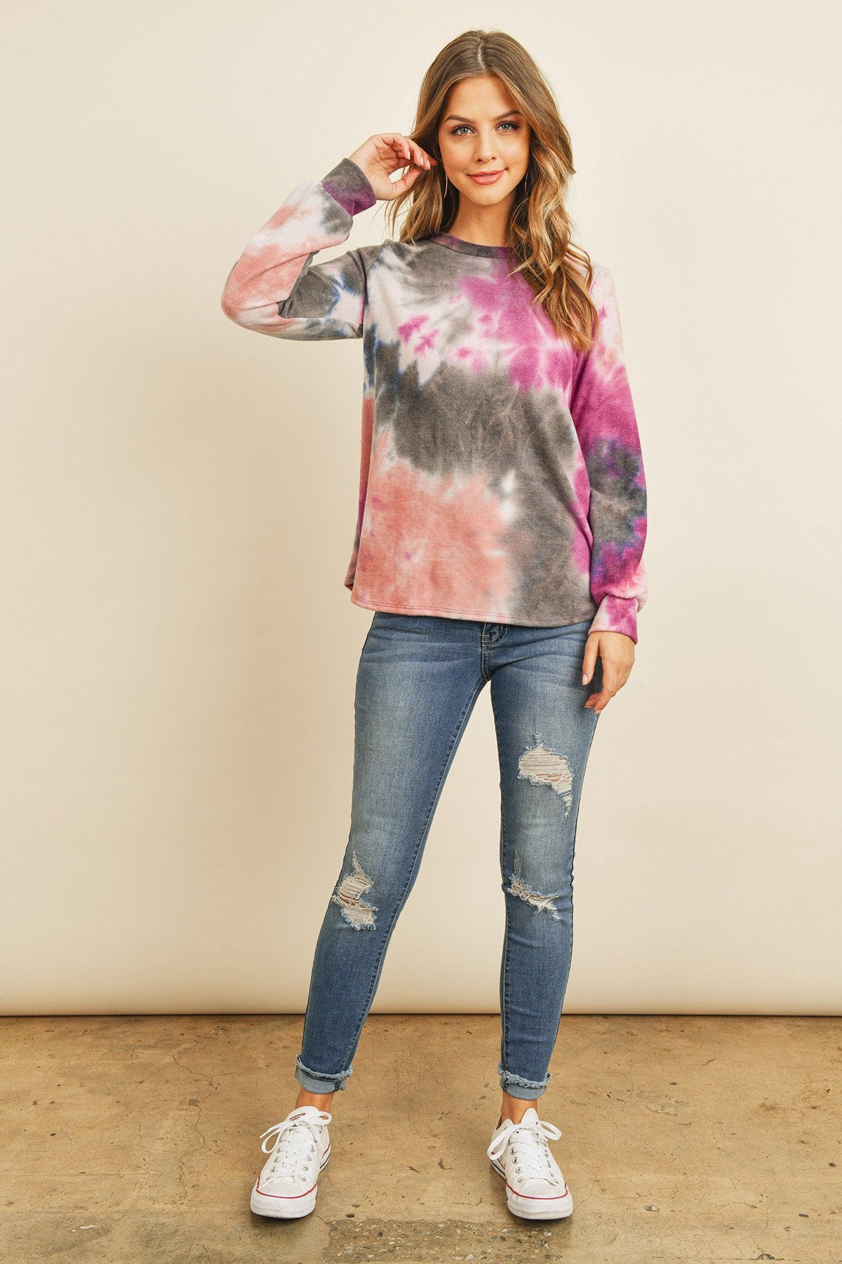 Riah Fashion - Long Sleeve Boat Neck Tie Dye Round Hem Top - 3 COLORS -