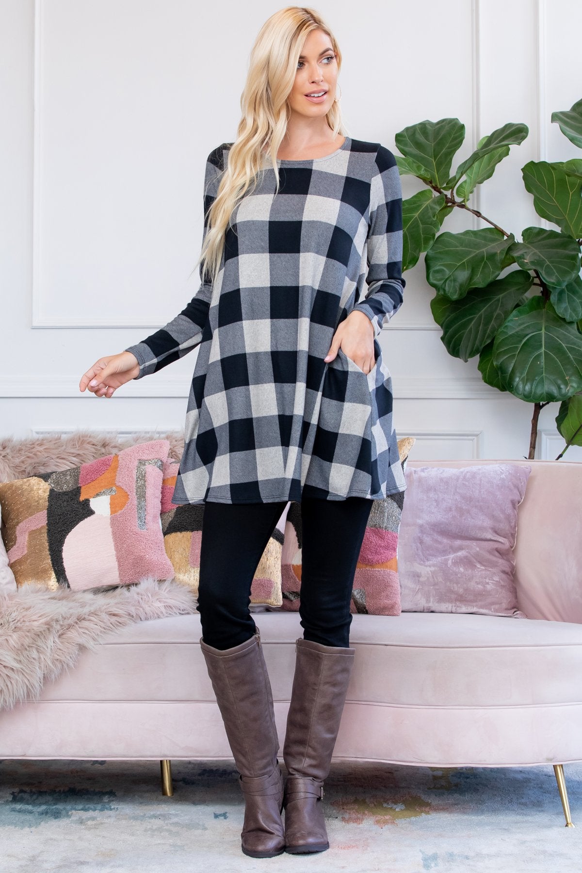 Riah Fashion - Hacci Plaid Pocket Tunic - 1 COLOR -