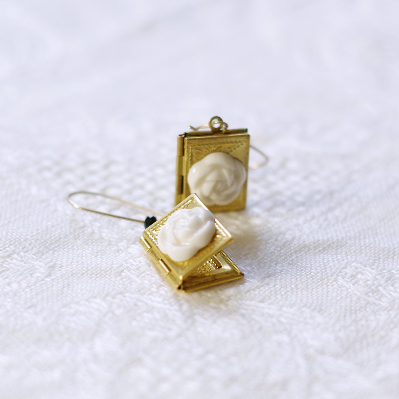 Porcelain Camellia Yellow Brass Book Locket Earrings -