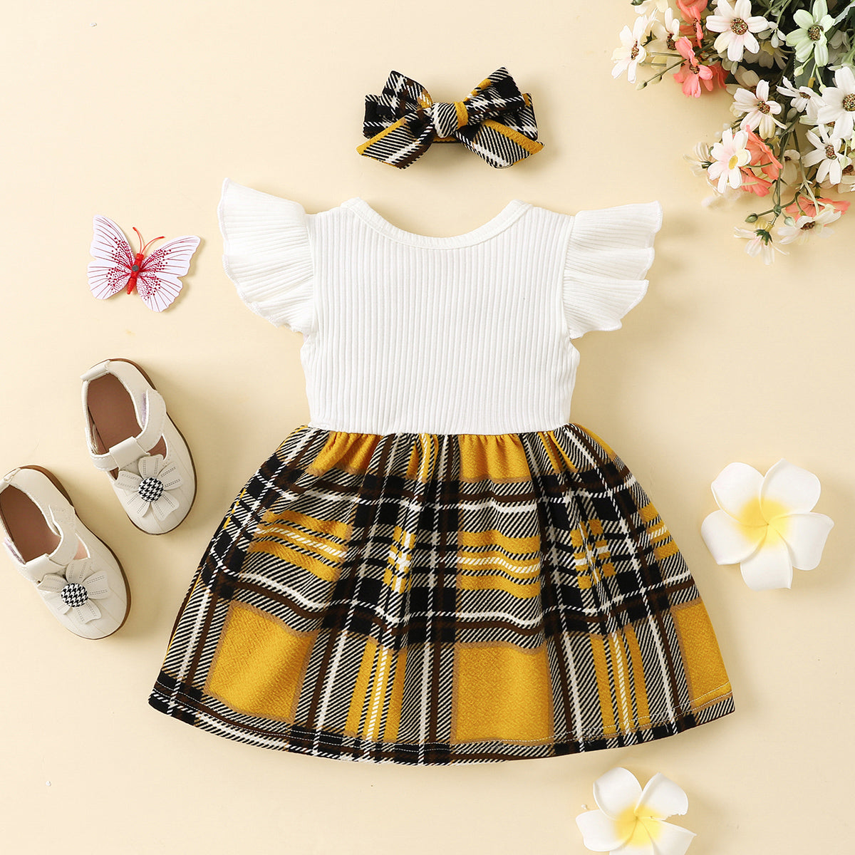 Plaid Print Bow Detail Dress with Headband - 2 PCS - T - 3 COLORS -