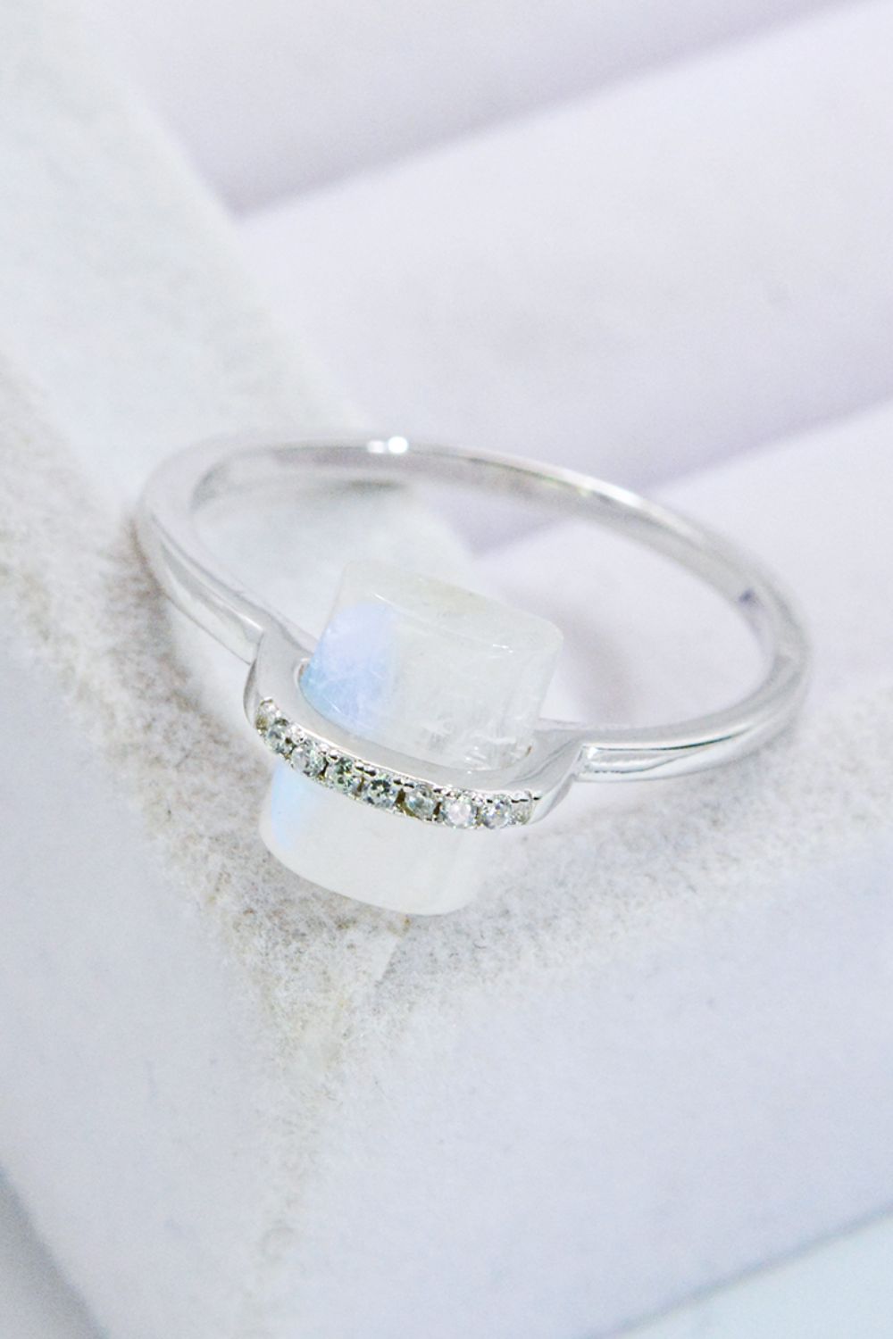 Natural Moonstone Platinum-Plated Ring - T - SIZES 6 THRU 9 - 3 FINISHES -