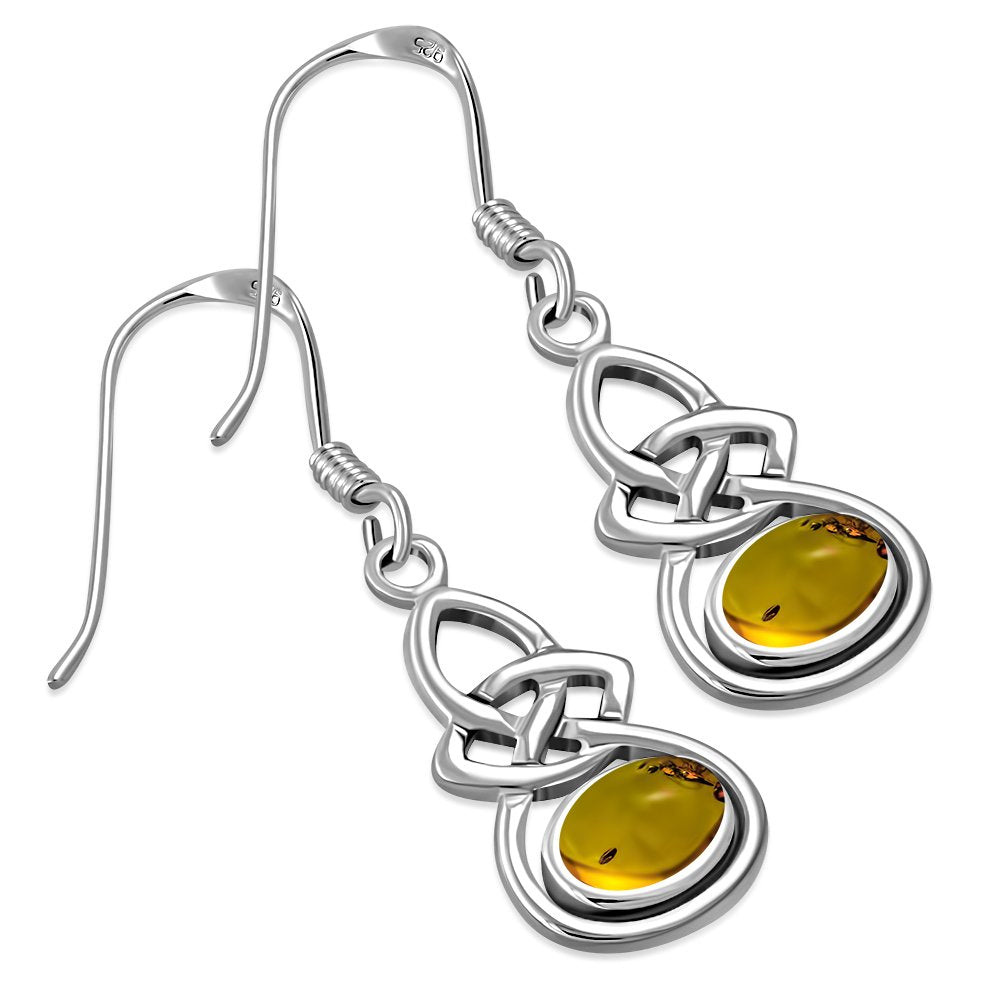 Creidne - Oval Baltic Amber Celtic Knot Silver Earrings -