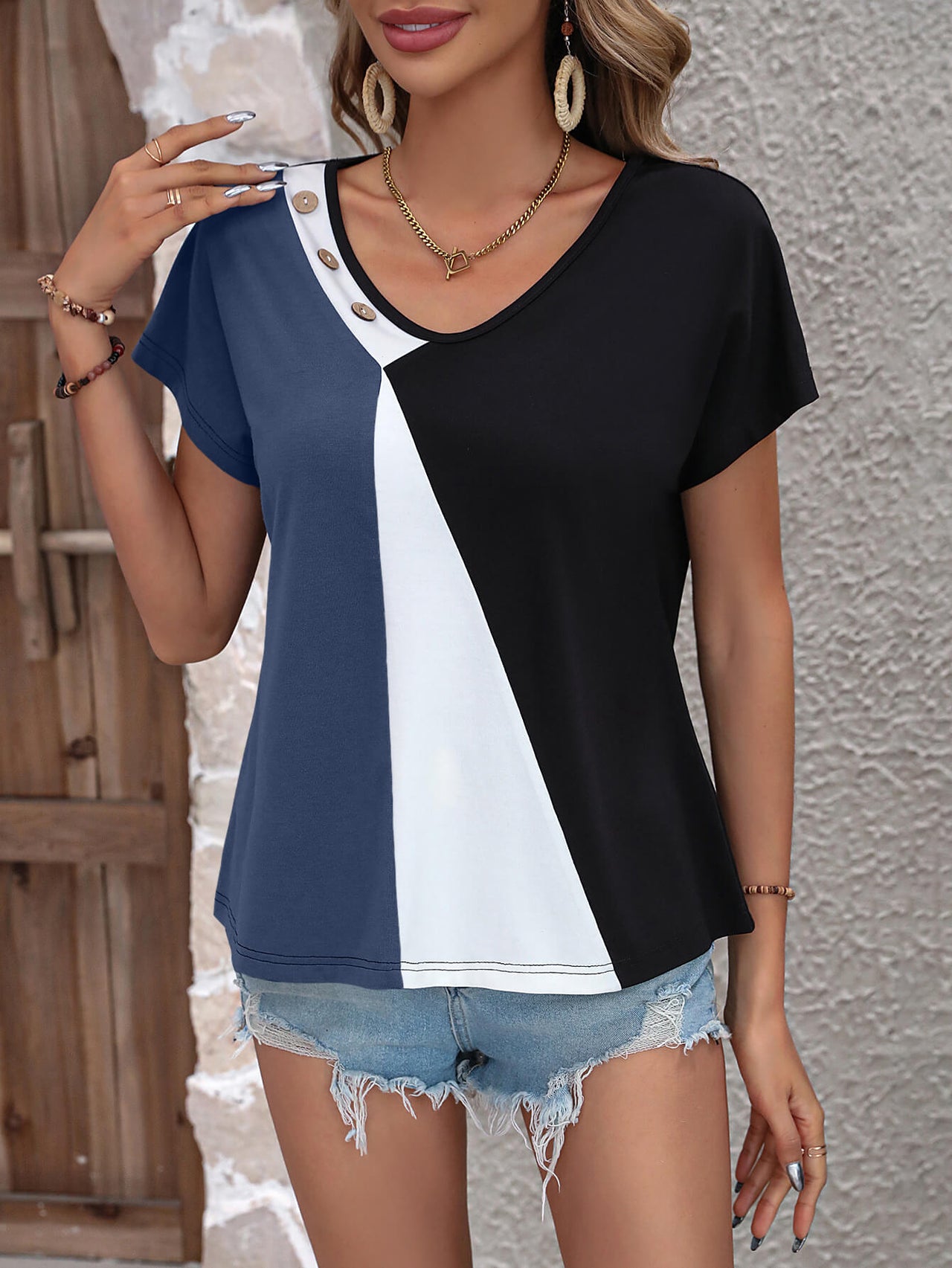 Color Block Decorative Button V-Neck Tee - T - 3 COLORS -