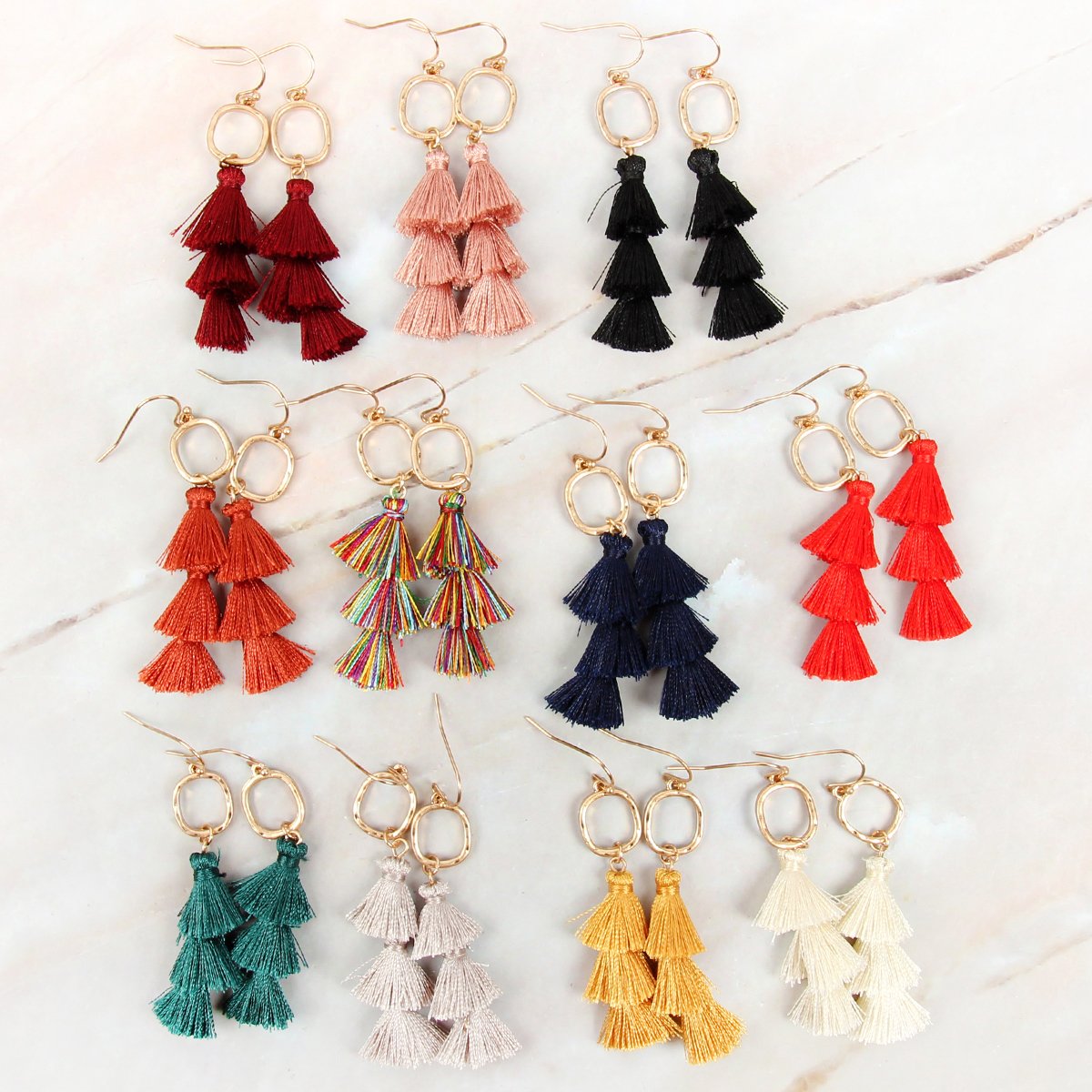 Three Drop Tassel With Metal Hook Earrings - 11 COLORS -