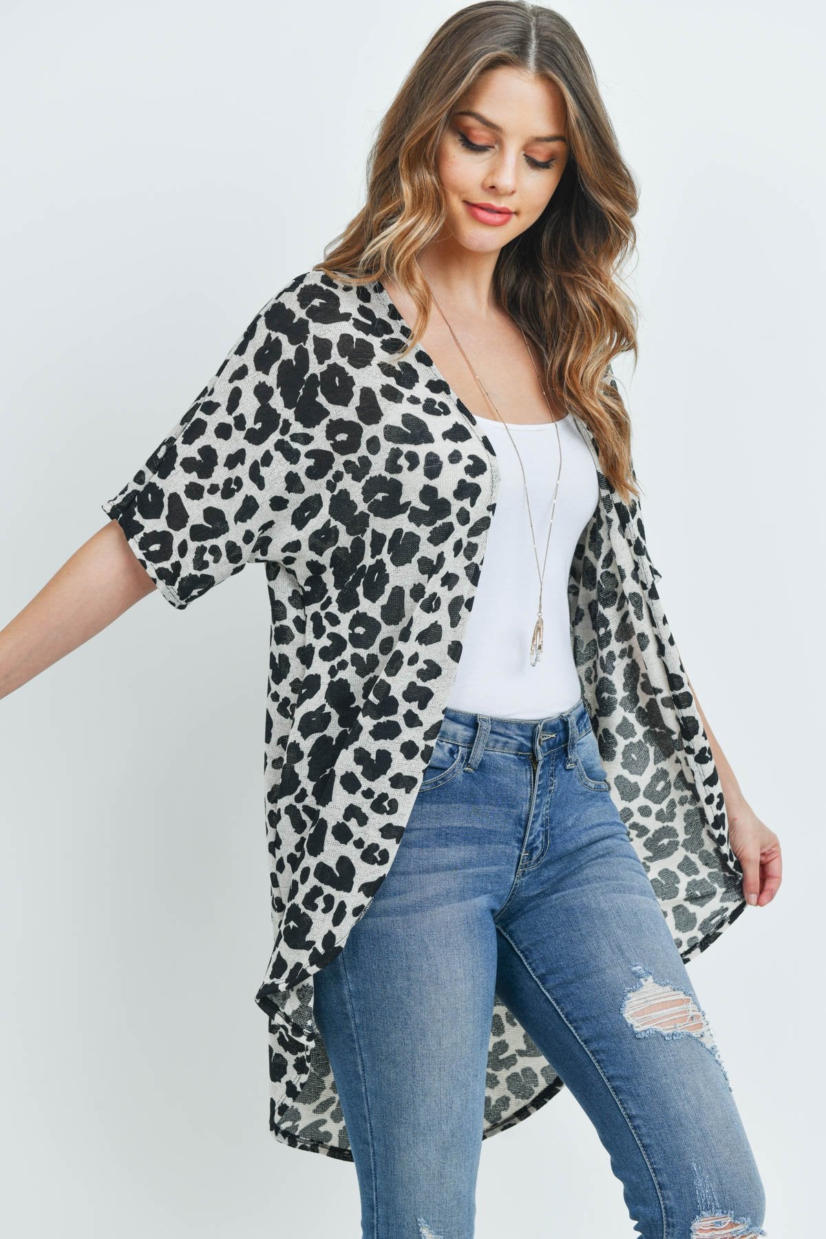 Riah Fashion - Leopard Short Sleeves Open Front Hi-Low Cardigan - 3 COLORS -