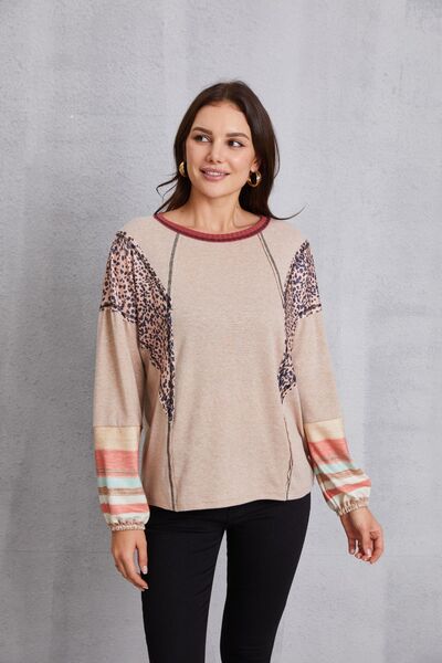 Contrast Stitching Leopard Long Sleeve Blouse - T - 1 COLOR -