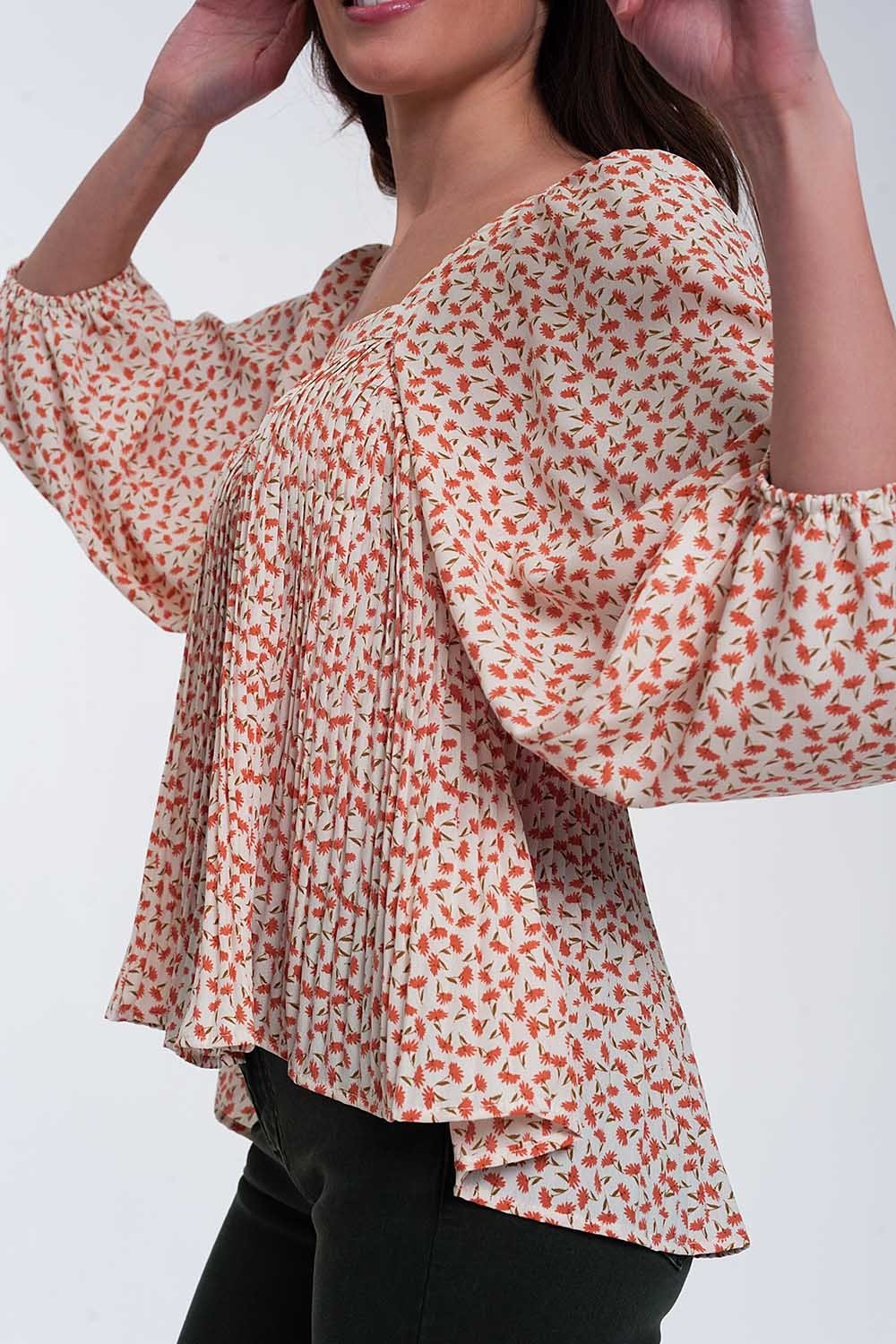 Q2 - Puff Sleeve Top With Square Neck in Coral Floral Print - 1 COLOR -