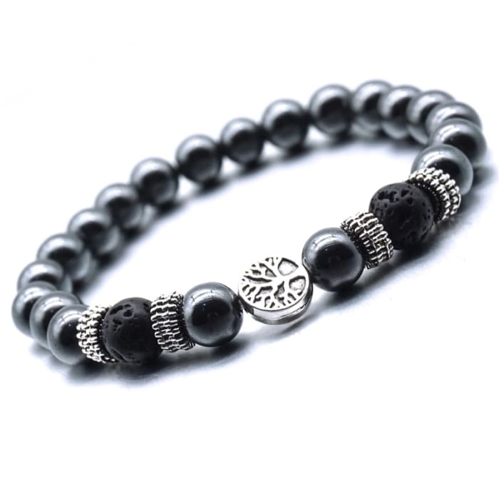 Black Tree of Life Lava Stone Metal Bracelet -