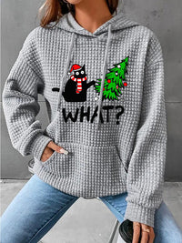 Thumbnail for Full Size WHAT Graphic Waffle-Knit Long Sleeve Drawstring Hoodie T - 6 COLORS -