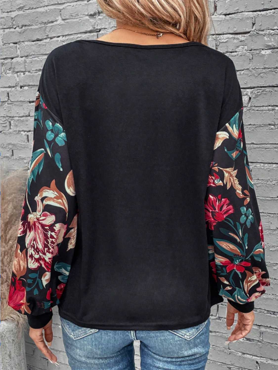 Floral Sleeves Round Neck Long Sleeve Top - T - 1 COLOR -