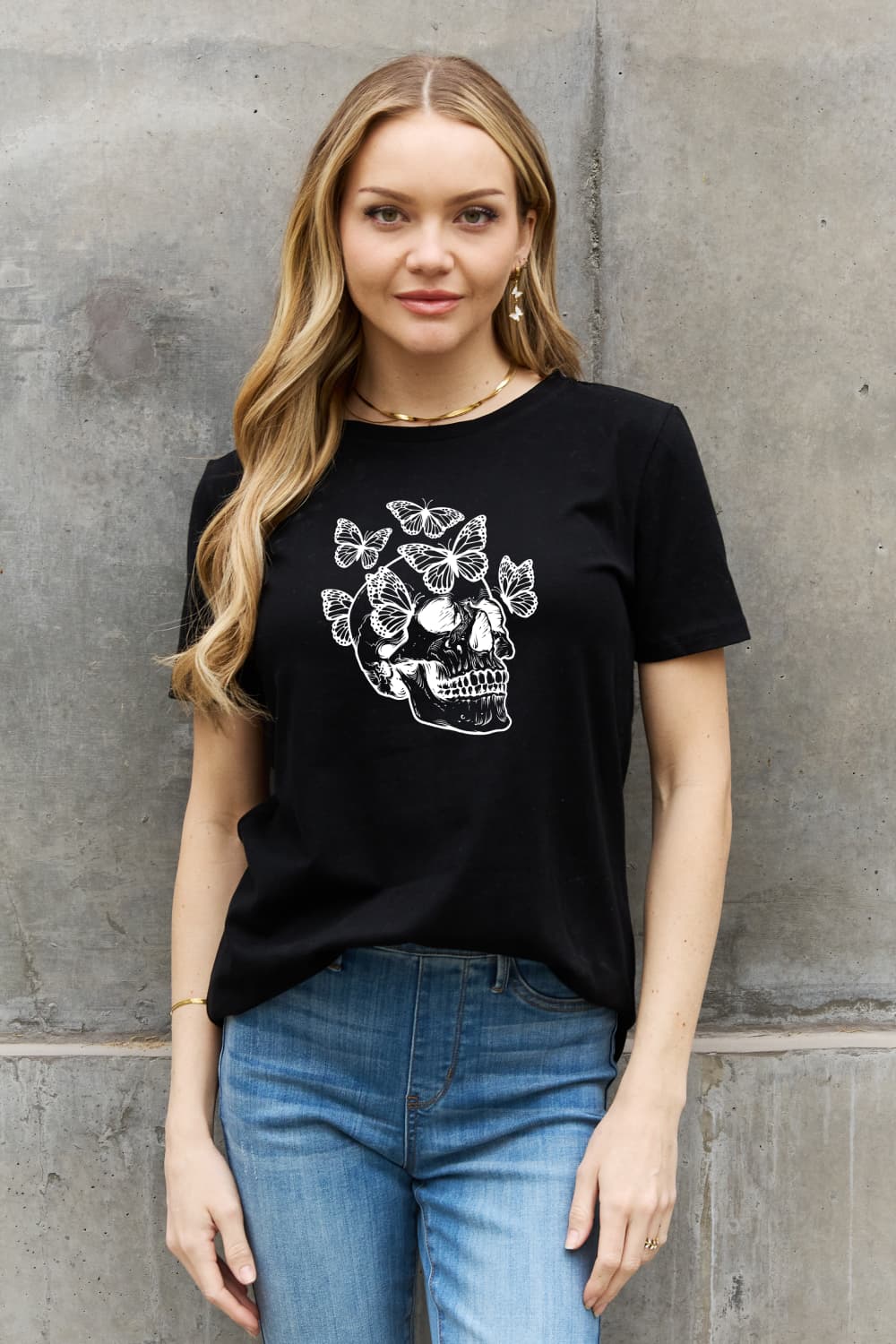 Simply Love Full Size Butterfly Skull Graphic Cotton Tee - T - 2 COLORS -