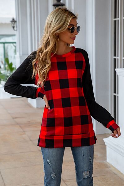 Plaid Round Neck Long Sleeve T-Shirt - T - 5 COLORS -