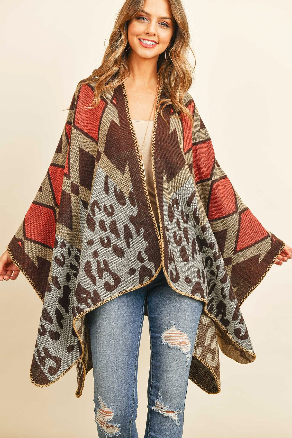 Riah Fashion - Chevron Leopard Open Front Kimono - 1 COLOR -