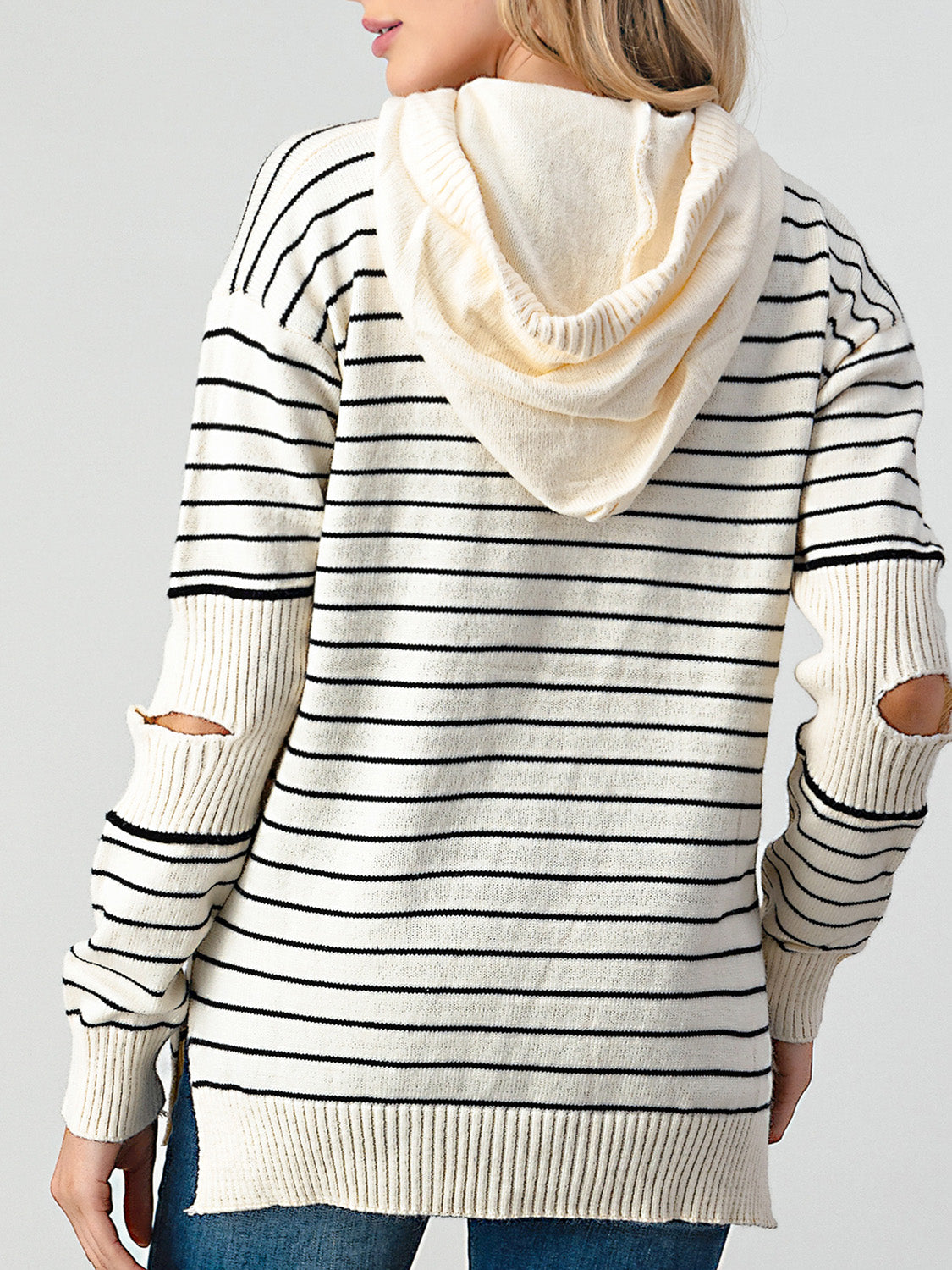 Striped Cutout Slit Hooded Sweater - T - 1 COLOR -