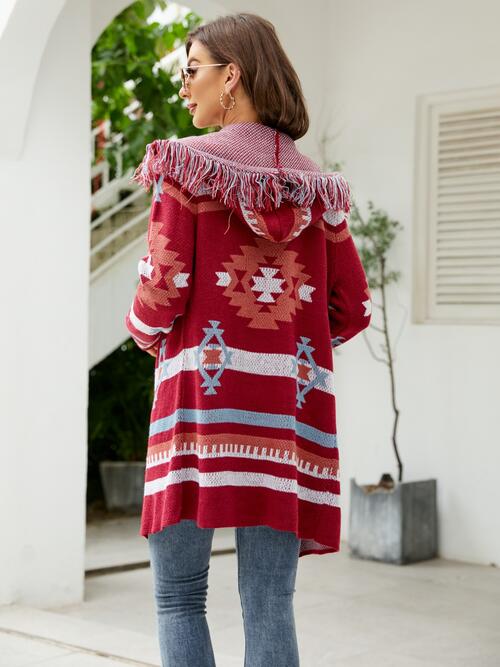 Fringe Geometric Hooded Long Sleeve Cardigan - T - 2 COLORS -