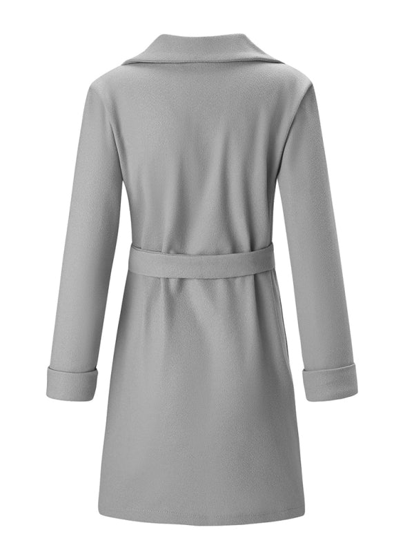 Women’s Stylish Solid Color Classy Collared Overcoat With Waist Tie And Hand Pockets - K - 3 COLORS --