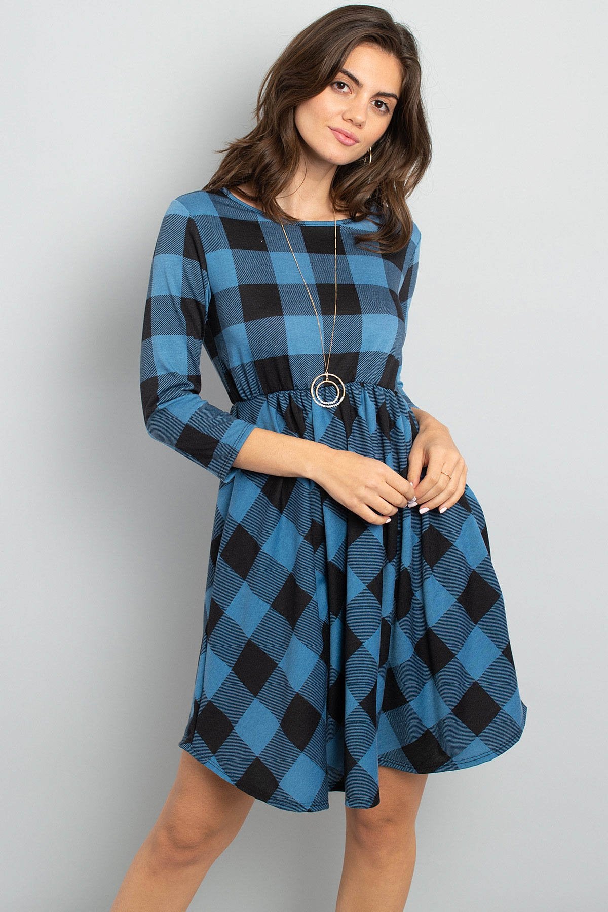 Riah Fashion - Cinch Waist Quarter Sleeves Plaid Dress - 3 COLORS -