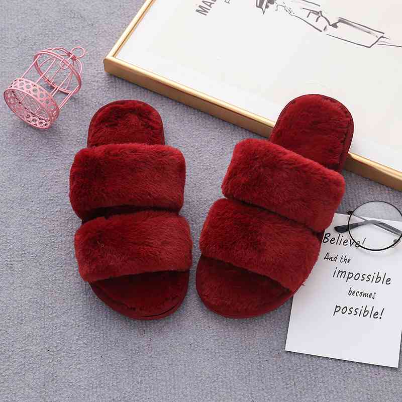 Faux Fur Double Strap Slippers - T - 5 COLORS -