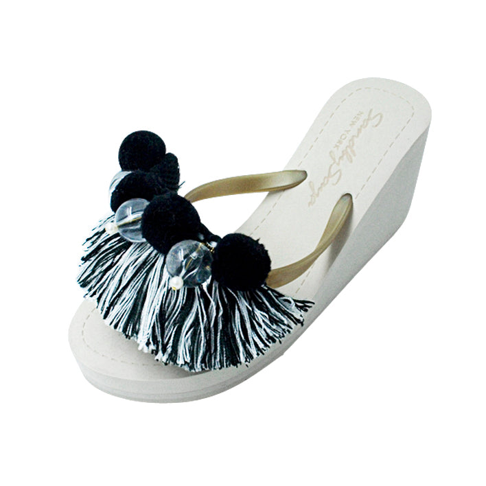 SAND BY SAYA N.Y. - Black Pom Pom Tassel- Women's High Wedge - 3 COLORS -