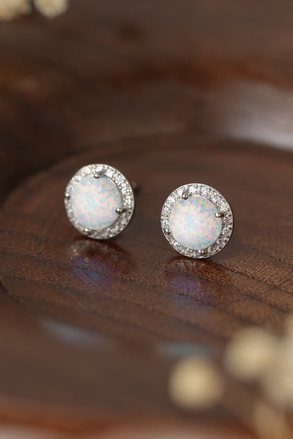 925 Sterling Silver Platinum-Plated Opal Round Stud Earrings - T - 2 COLORS -