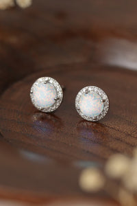 Thumbnail for 925 Sterling Silver Platinum-Plated Opal Round Stud Earrings - T - 2 COLORS -