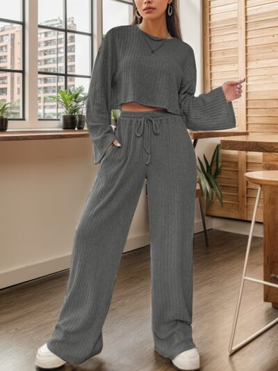 Ribbed Round Neck Top and Drawstring Pants Set - 2 PCS. - T - 7 COLORS -