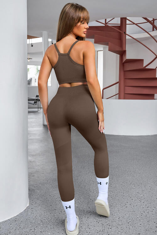 Tank Cropped Active Top and Pants Set - 3 PCS. - T - 5 COLORS -