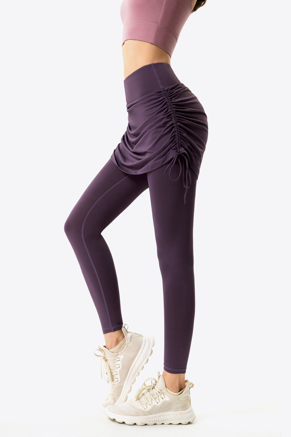 Drawstring Ruched Faux Layered Yoga Leggings - T - 7 COLORS -