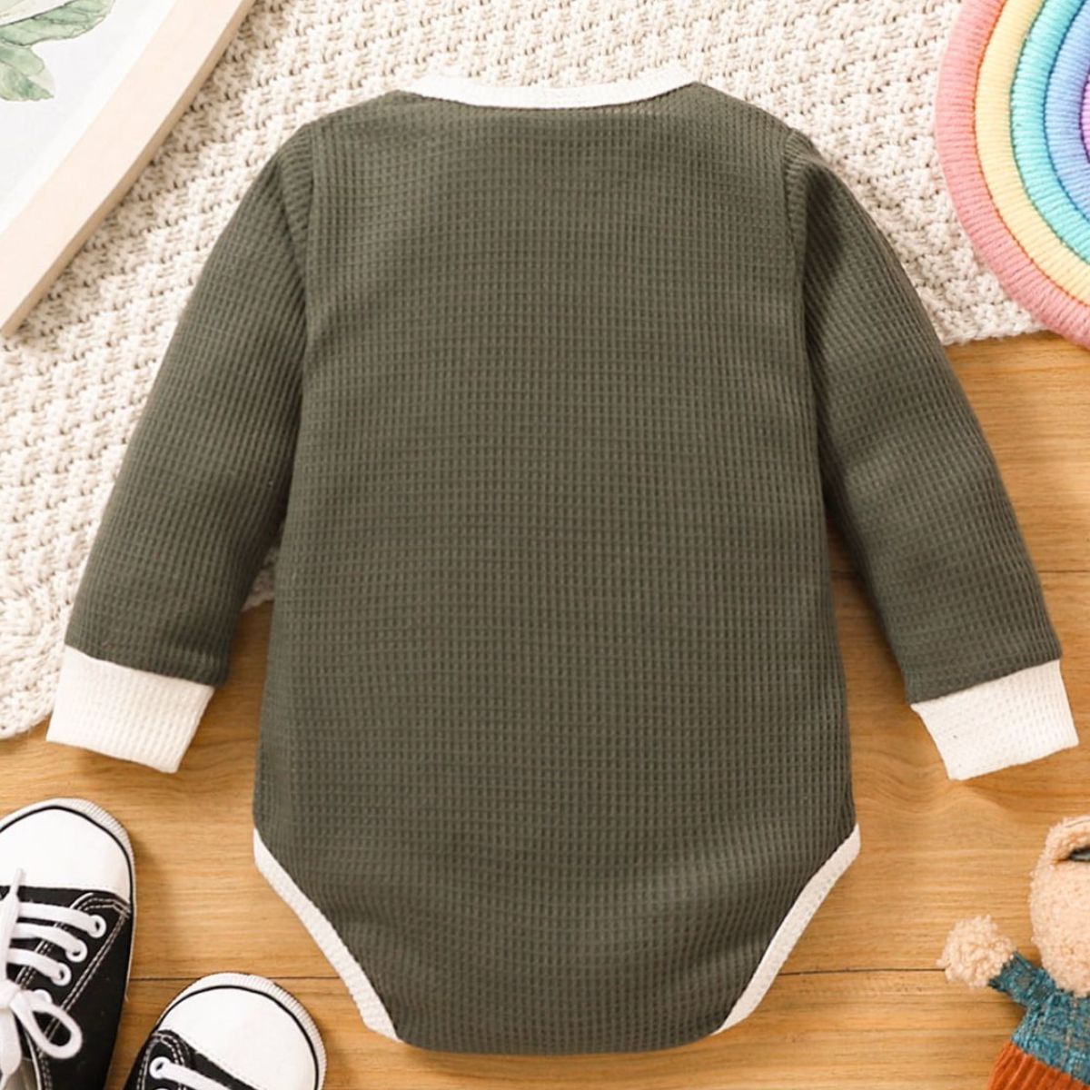 Baby Contrast Trim Waffle-Knit Long Sleeve Bodysuit - T - 5 SIZES - 2 COLORS -