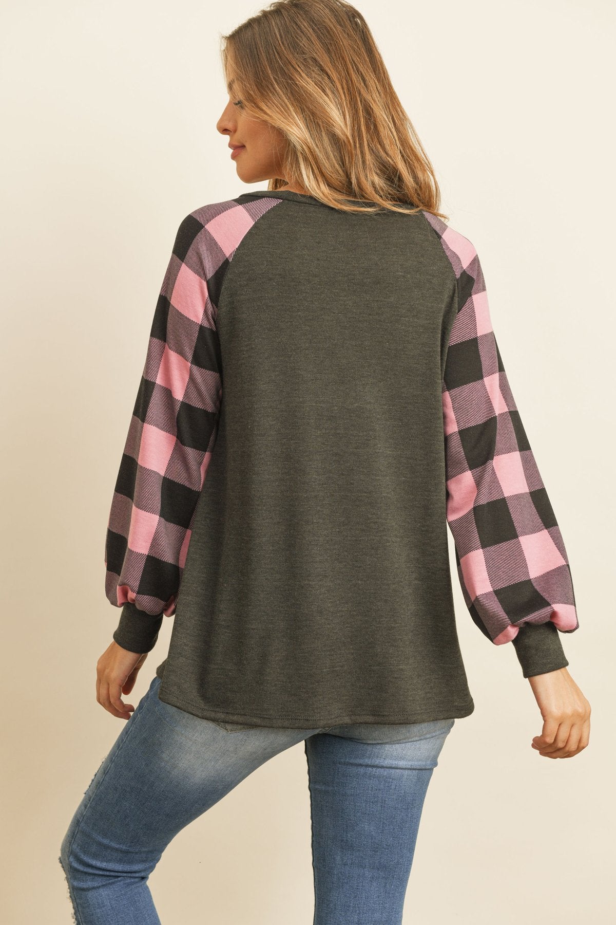 Riah Fashion - Plaid Puff Sleeved Round Neck Top - 3 COLORS -