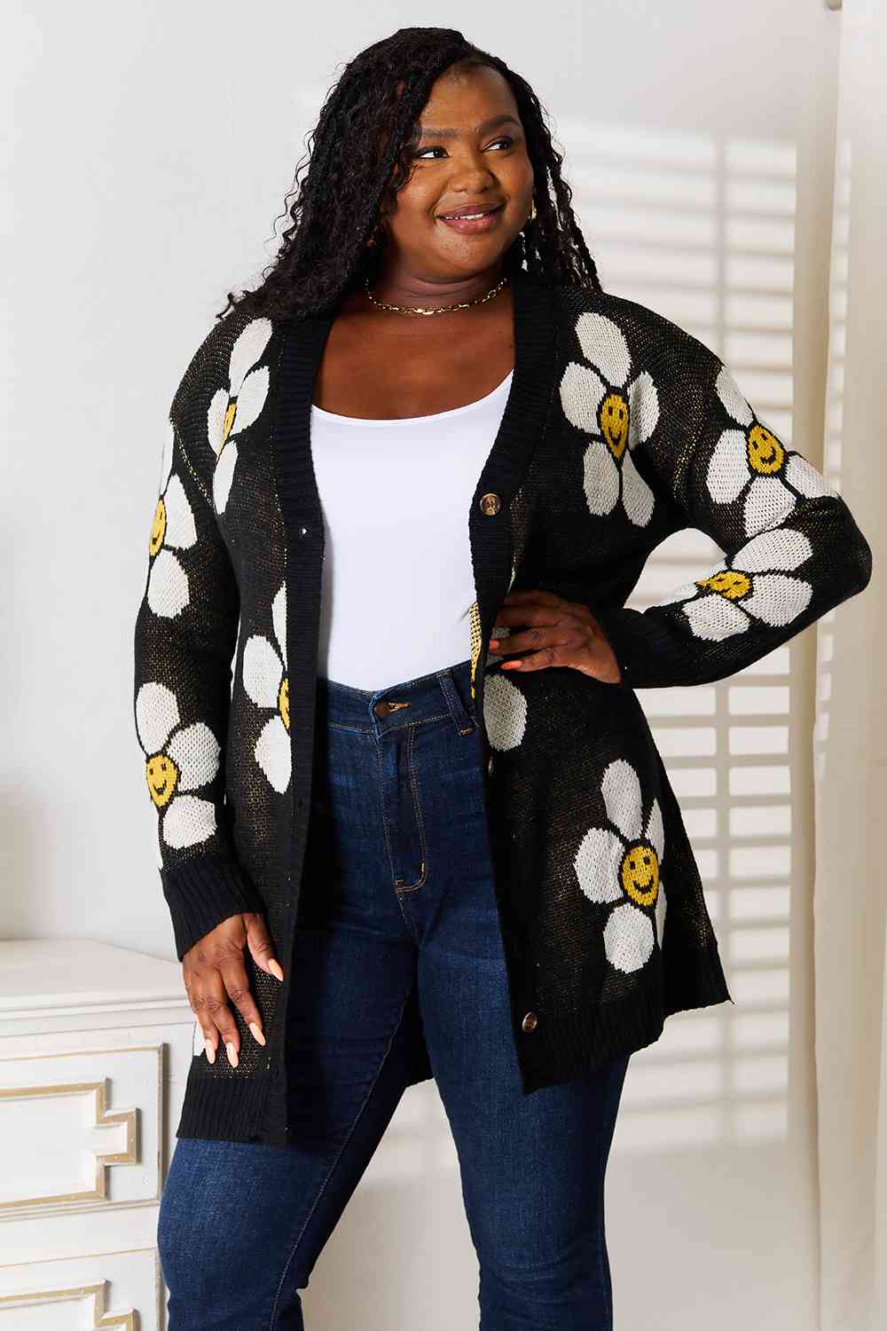 Double Take Floral Button Down Longline Cardigan - T - 1 COLOR -