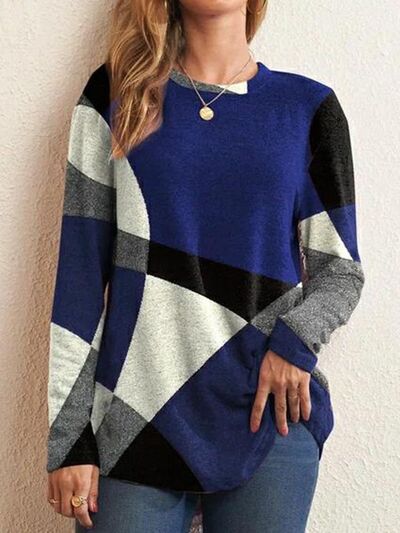 Geometric Round Neck Long Sleeve T-Shirt - T - 5 COLORS -