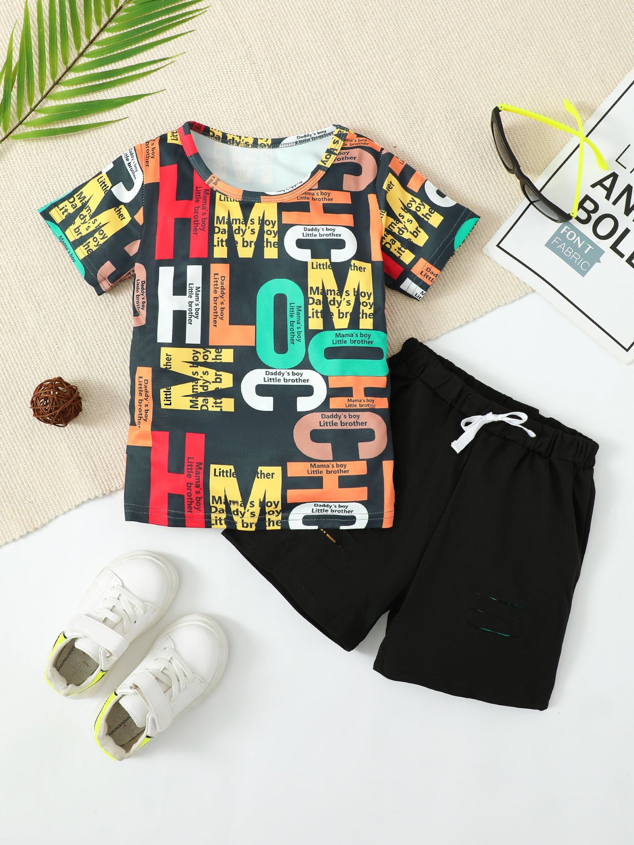 Slogan Print Round Neck Top and Shorts Set - 2 PCS. - T - 1 COLOR -