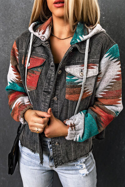 Drawstring Hooded Pocketed Denim Jacket - T - 2 COLORS -