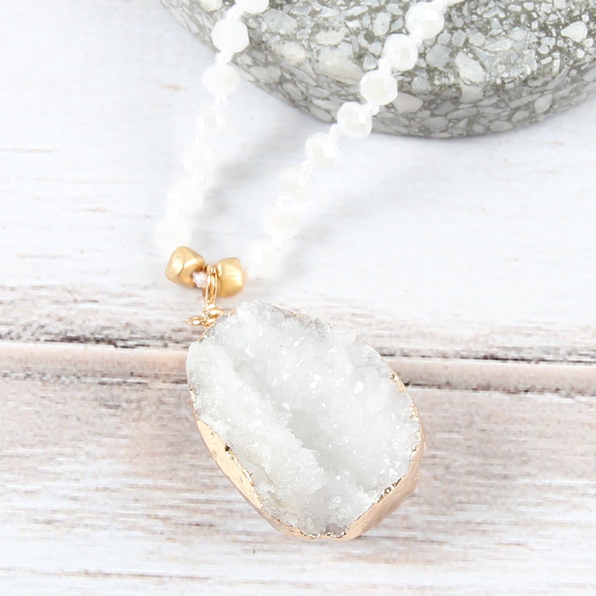 Druzy Stone Pendant Glass Beaded Necklace - 4 COLORS