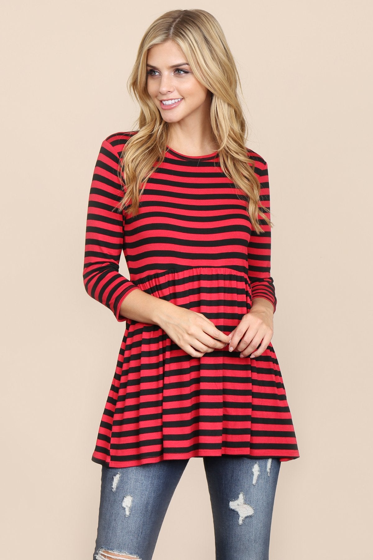 Riah Fashion - Quarter Sleeve Babydoll Striped Tunic - 7 COLORS -