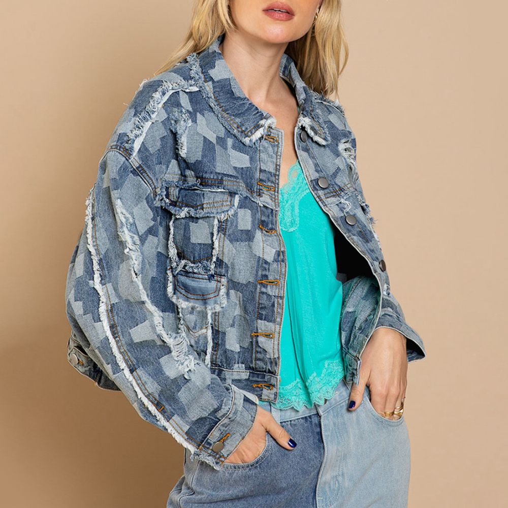 Plaid Denim - Raw Hem Dropped Shoulder Denim Jacket - T - 1 COLOR -