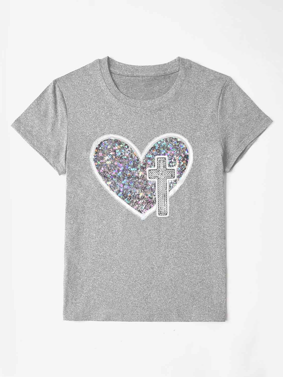 Sequin Heart Round Neck Short Sleeve T-Shirt - T - 7 COLORS -