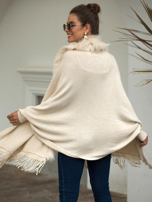 Fringe Open Front Long Sleeve Poncho - 1 SIZE - T - 6 COLORS -