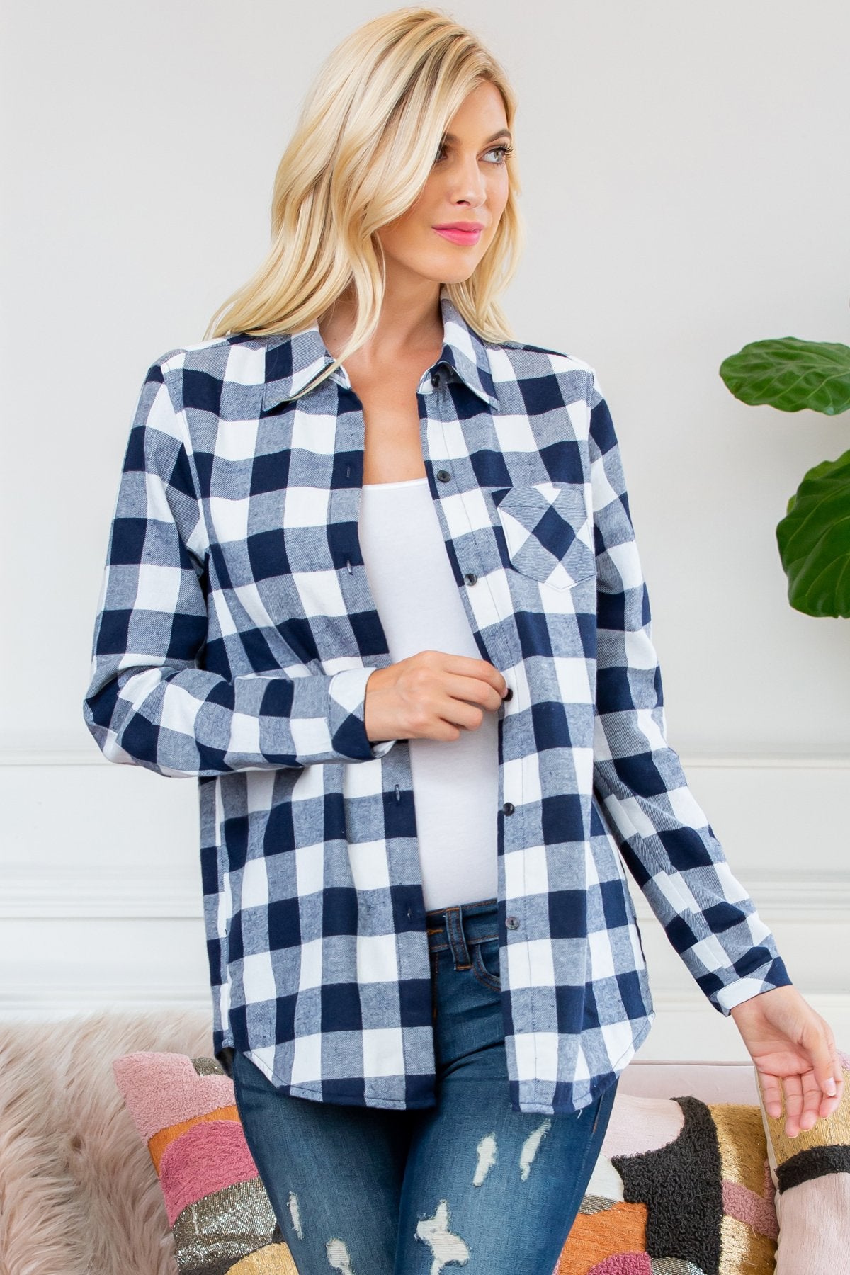 Riah Fashion - Sherpa Lined Plaid Flannel Top - 5 COLORS -