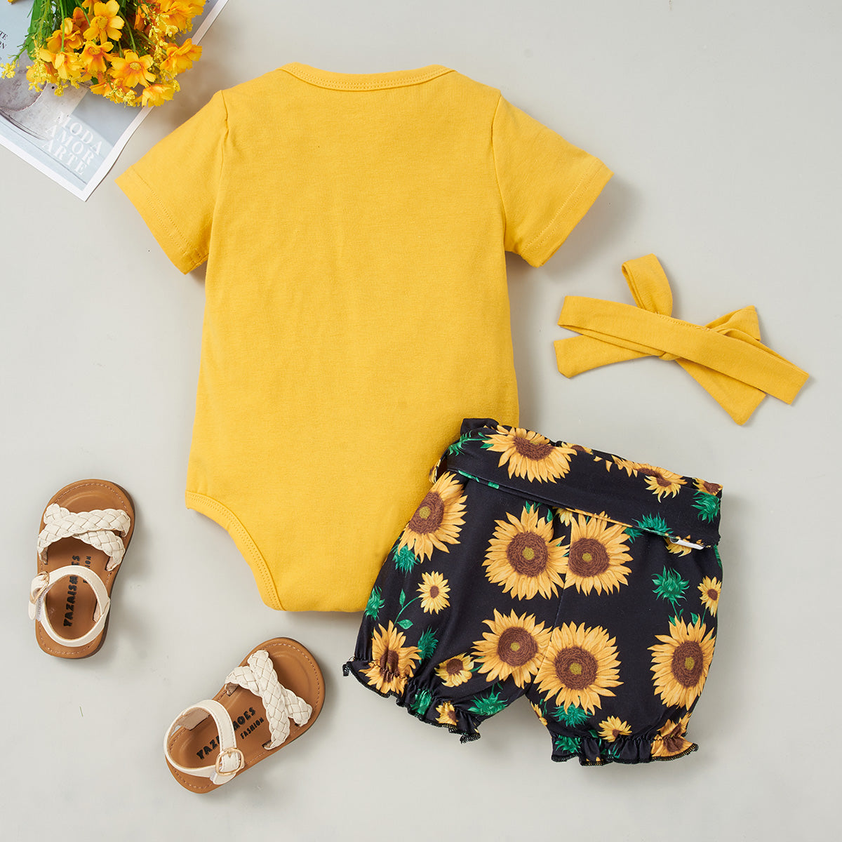 HELLO SUMMER Bodysuit and Sunflower Print Pants Set with Headband - 3 PCS - T - 1 COLOR COMBO -