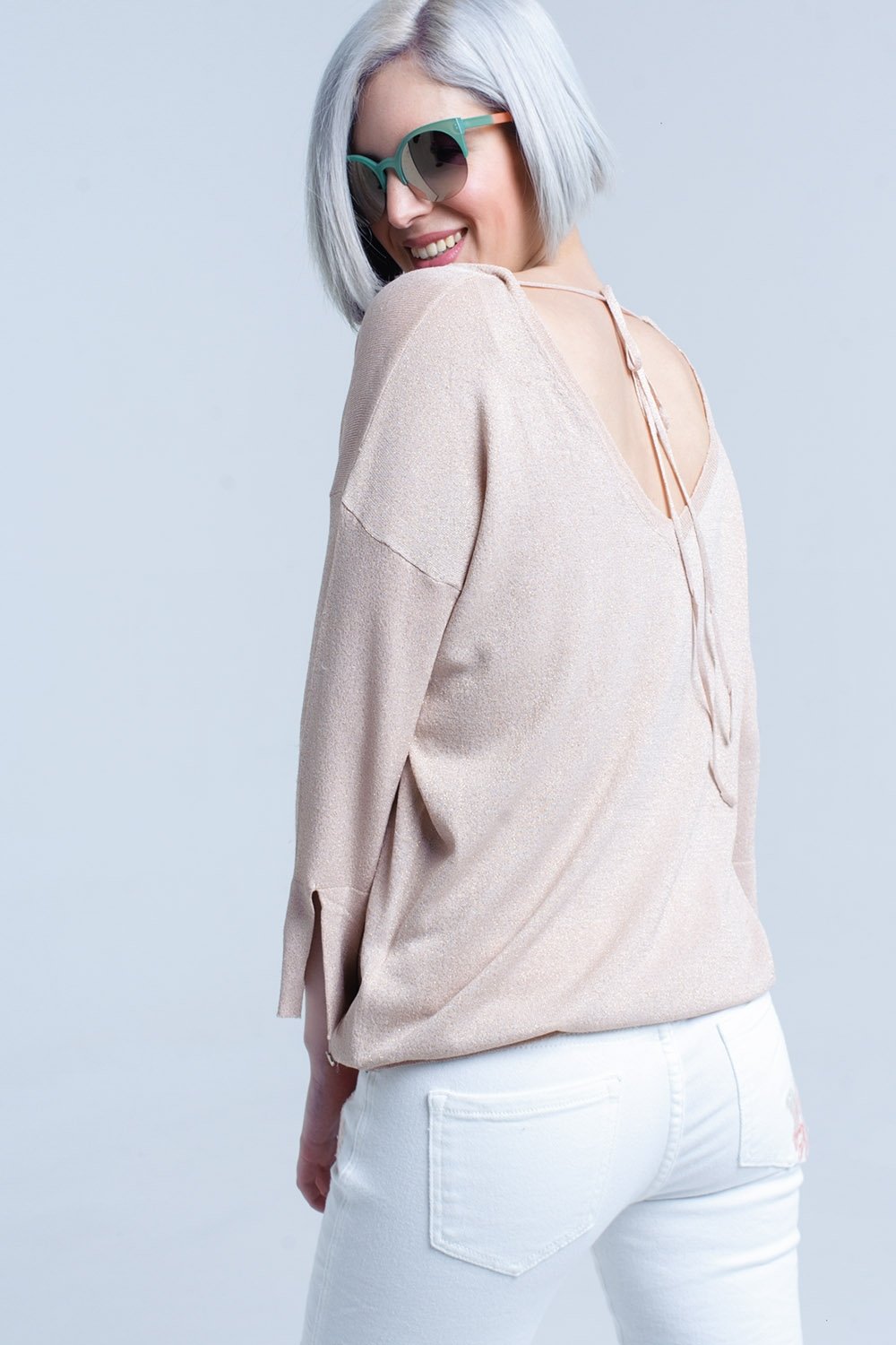 Q2 - Pink Knit Sweater With Gold Lurex Detail - 1 COLOR -