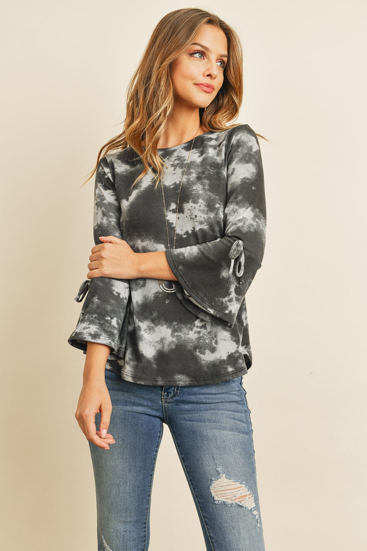 Riah Fashion - Tie Dye Bell Sleeved Ribbon Detail Swing Top - 3 COLORS -