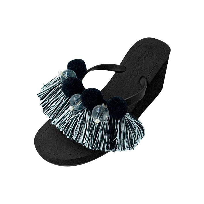 SAND BY SAYA N.Y. - Black Pom Pom Tassel- Women's High Wedge - 3 COLORS -