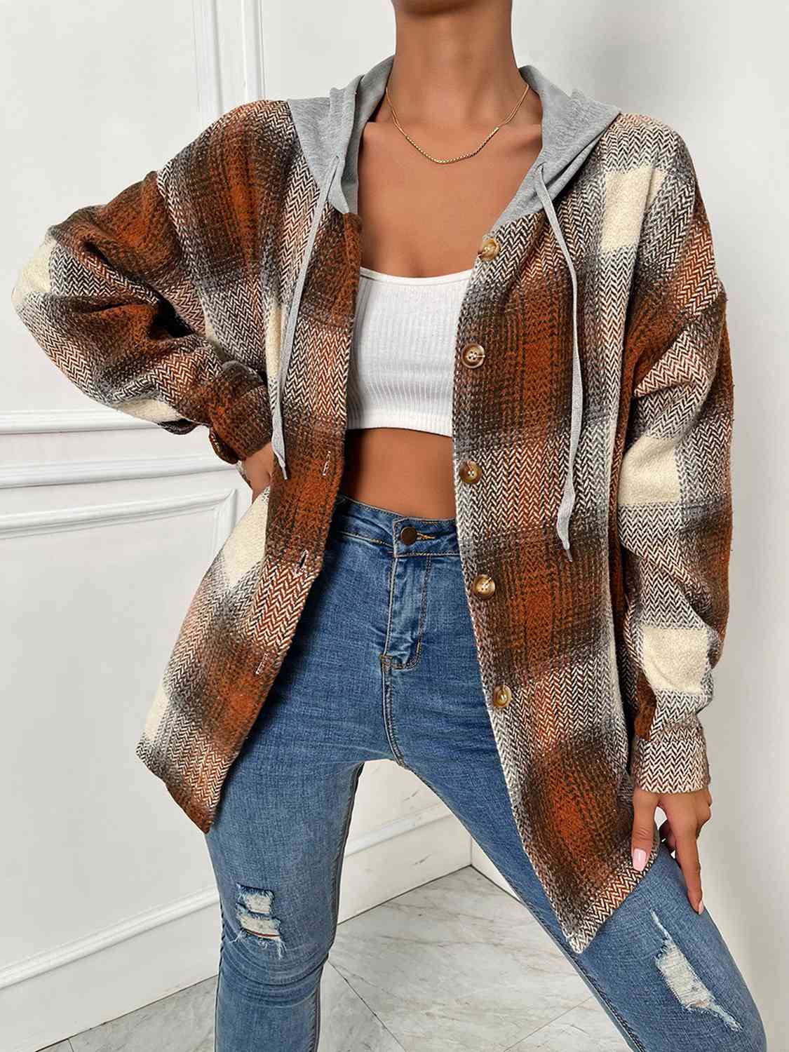 Plaid Drawstring Hooded Jacket - T - 1 COLOR -